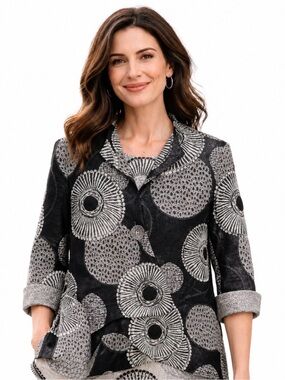 Joseph Ribkoff Abstract Jacquard Trapeze Jacket Artsy Blk/Silver Metallic Sz 18